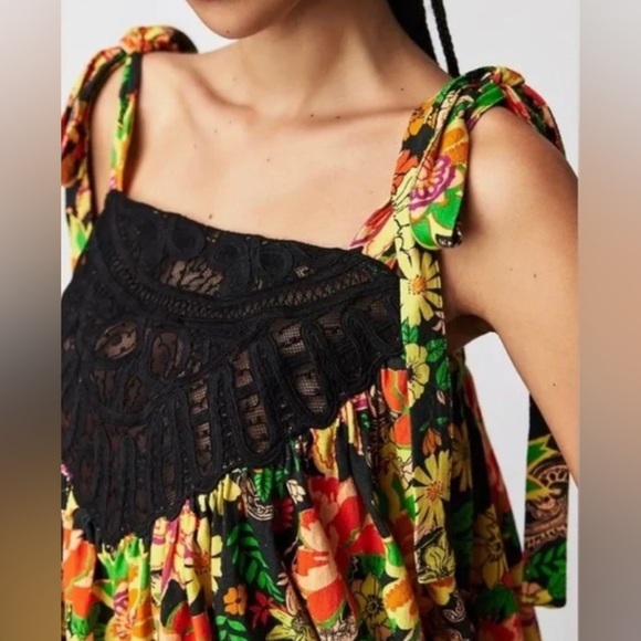 Free People Bali Moroccan Floral Printed Tunic Top Obsidian Combo Oversized S - Picture 11 of 11